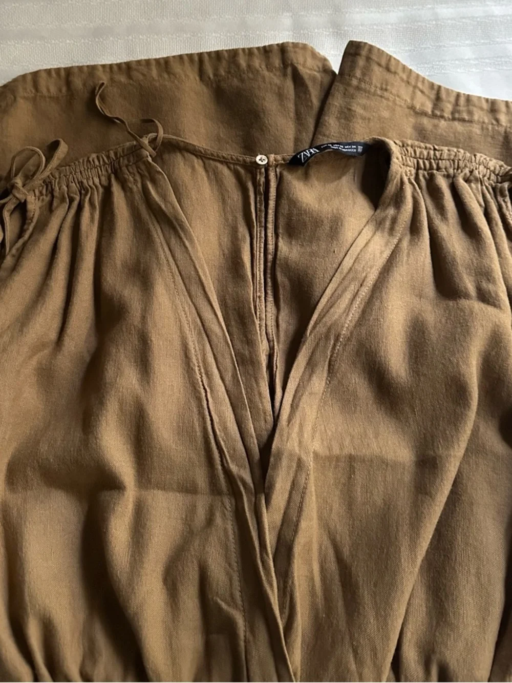 Zara Linen and Cotton Olive-Green Surplice Romper with Smocked Waist Size XS